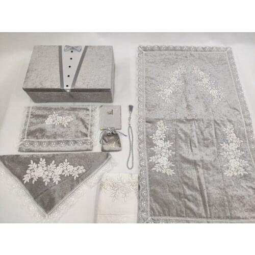Gray Groom 8 Piece Coffer Prayer Rug Set Velvet Bundle Set