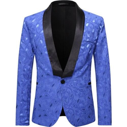 Blue Floral Jacquard Blazer Men Single Button Shawl Collar Blazer Jacket Mens Busienss Formal Dress Blazer Party Wedding Tuxedo