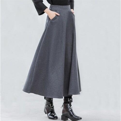 Autumn Winter Wram Thick Women Woolen Skirt Elastic High Waist Skirts Casual A-line Wool Skirts Female Long Big Swing Skirt A707