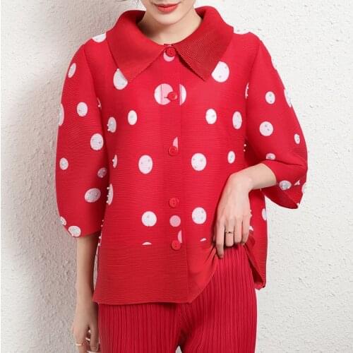 Polka Dot Print Turndown Collar Loose Miyak Pleated Jacket Women Single-breasted Half Sleeve Plus Size Causal Cardigan Female