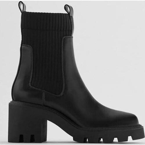 High Heels Martin Boots Female British Style 2021 Winter Warm Knitted Elastic Socks Boots Black Leather Ankle Booties Shoe Woman