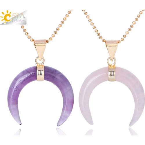 CSJA Natural Stones Crescent Moon Necklaces Pendants Purple Crystal Pink Quartz White Stone Gold Color Reiki Women Jewelry F306