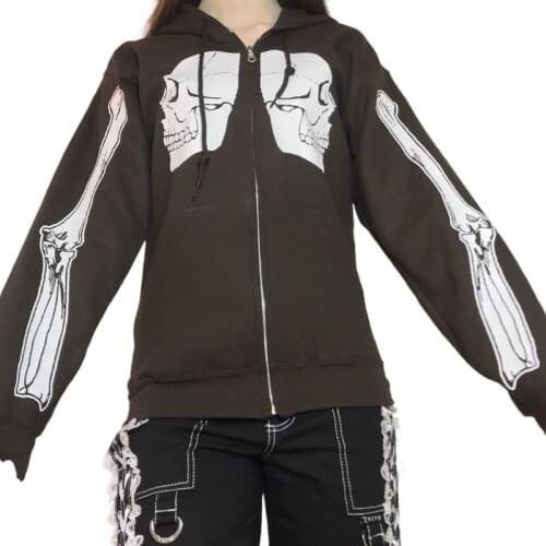 Womens Jecket Full Zip Hoodies Long Sleeve Skull Skeleton Print Loose Hooded Sweatshirts Support Wholesales
