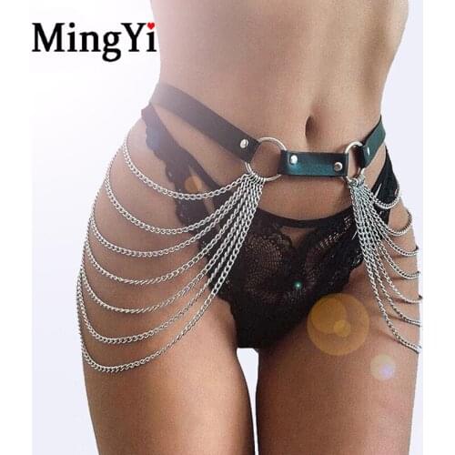 Women Silver Metal Chain Belt Punk Gothic Sexy Body Chain Straps Hiphop PU Leather Waist Chain Girls Club Party Dancing Belt