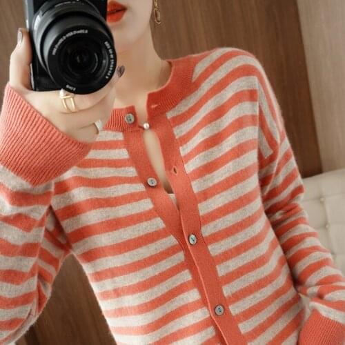Spring and Autumn New Style 100% Wool Striped Knit Cardigan Ladies Round Neck Long Sleeve Loose Sweater All-match Jacket