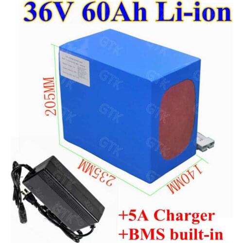 36V 60Ah lithium li ion 3.7V battery pack for 2500w 1500W Solar power energy e-bike motorcycle caravan RV golf cart+5A Charger