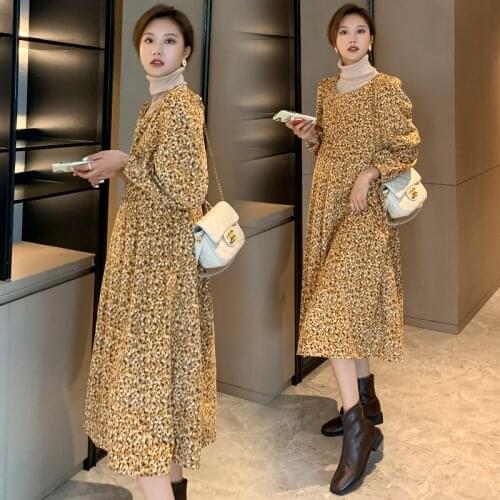 701# 2021 Spring Floral Printed Corduroy Maternity Long Party Dress Long Sleeve Loose Clothes for Pregnant Women Chic Pregnancy