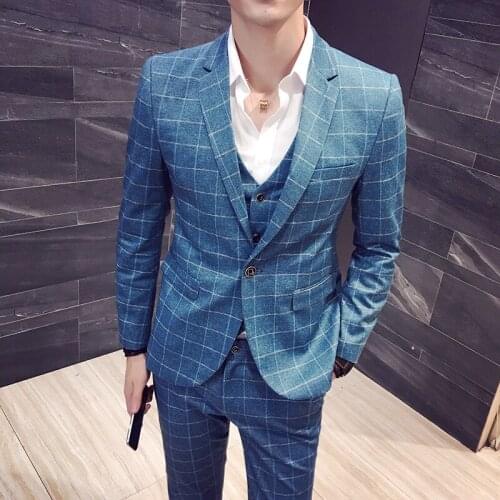 Blazer Vest Pants Suit Three Piece Set British Style Slim Plaid Banquet Groom Wedding Dress Design Jacket Coat Trousers M-5XL