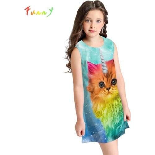 Kids Dress Girl Clothes Cute Colorful Animal Print Cat Toddler Girl Dresses Sleeveless A-Line Rainbow Dress 8 10 12 Year Vestido