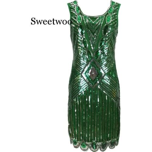 Women 1920s Gatsby Sequin Art Deco Scalloped Hem Inspired Flapper Dress Vintage O-neck Sleeveless Hollow Out Back Party Dress