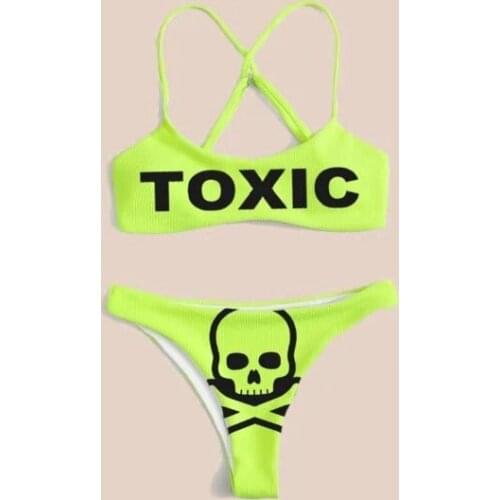 Women Two-piece Skull Print Bikini Suit Split Bathing Suit High Waist Sleeveless Swimsuit Adjustable Shoulder Strap Beach Wear