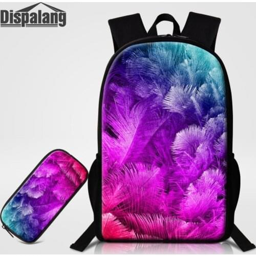 Dispalang 2pcs Sets Kids Backpack with Pencil Bag Feather Pring Student Book Bag Large Capacity School Bag for Teenager Pen Bag