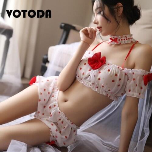 Women Sexy Lace Lngerie Set Ruffles Tube Top Bloomers Sets Sweet Pajamas Shorts Suit Strawberry Underwear Lovely Lolita Costumes
