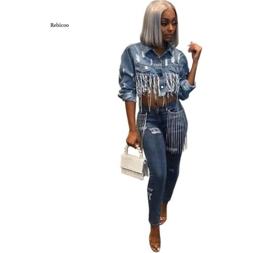 Women Jackets Long Sleeve Denim Coat Fashion Streetwear Female Outerwear Crop Tops Tassel Hole Women Short Coats New
