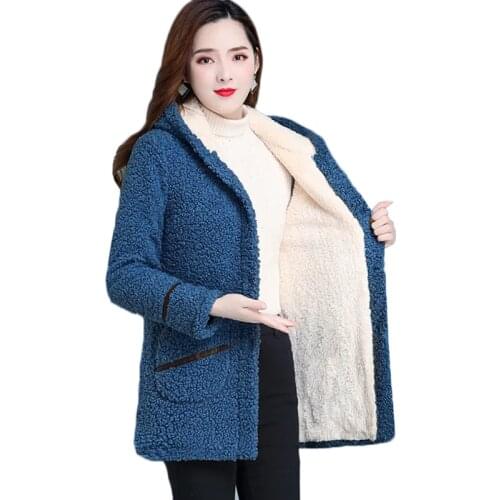 Winter Jacket Womens Plus Velvet Lamb Wool Cotton Clothing New Hooded Mid Long Outerwear Middle-aged Female Winter Coat XL-5XL