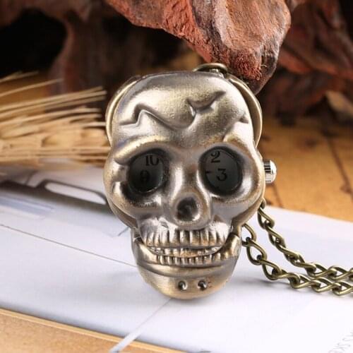 Little Cute Skull Quartz Pocket Watch Retro Steampunk Ghost Necklace Pendant Clock Chain Gifts for Men Women Kid As Collectibles