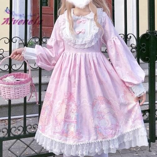 Sweet Lolita Dress Soft Girl Ruffle OP Dresses Doll Collar Loli Bow Lace Cartoon Long Sleeve Kawaii Girls Women Vestidos AFC820