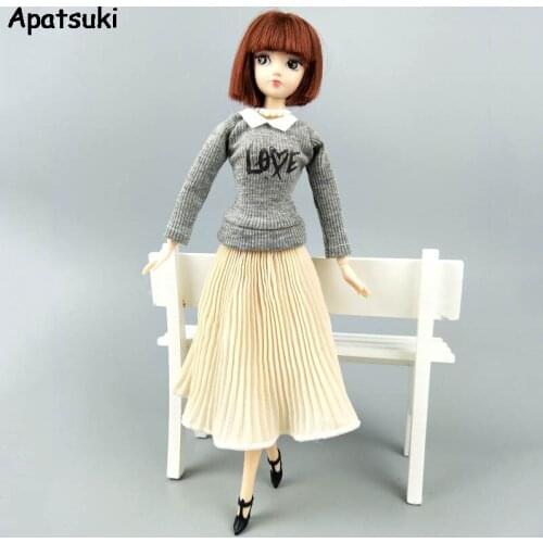 Fashion Doll Clothes For Barbie Dolls Outfits Gray Love Top Blouses Chiffon Pleated Midi Skirt Clothes 1/6 Dolls Accessories