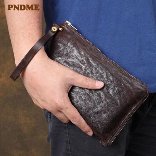 Fashion vintage high quality natural genuine leather mens womens clutch bag casual simple luxury cowhide tablet wallet