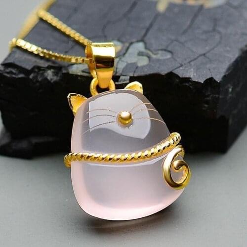 Trendy Chokers Pink Opal Pendant Necklace Gold Color for Women Girls Cute Cat Animal Ross Quartz Cute Gift Dropshippin Wholesale