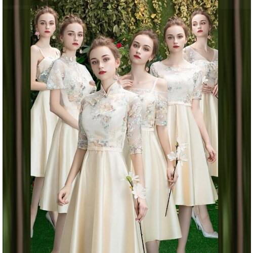 Bridesmaids Dress Vintage Strapless Sleeveless Knee-Length Luxury Champagne Spaghetti Straps A-Line Lady Wedding Party Gown E705