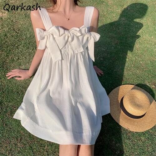 Dress Women Summer Kawaii Bow Sweet Loose Pure Color Students Leisure Design Fashion Girls Young Style High Quality Soft Ulzzang
