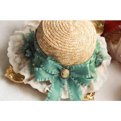 Girl Elegant Hair Accessories Beach Hat Lolita Mori Handmade Big Bow Light green Lace Ribbon Straw Hat Sun Shade Cos Tea Party