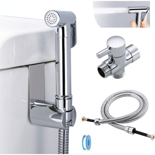 Toilet Hand Held Bidet Sprayer Kit Brass Chrome Plated Bathroom Bidet Faucet Spray Shower Head with Hose & T-adapter & Holder
