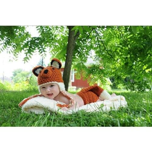 Cartoon fox newborn hat ,baby fox hat with long tail Diaper Cover 2pcs baby Set newborn crochet Photography Prop 0-1m,3-4m