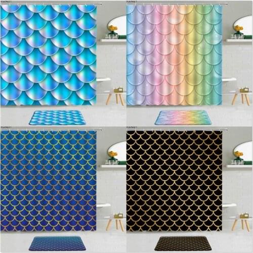 2Pcs Blue Fantasy Mermaid Fish Scale Shower Curtain 3D Rainbow Geometry Pattern Fabric Non-Slip Bath Mat Bathroom Curtains Set