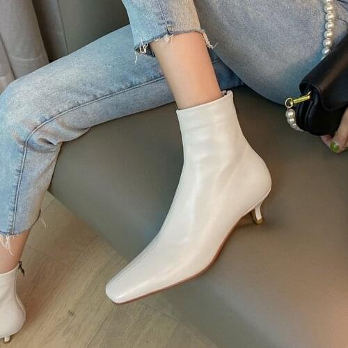Hot Genuine Leather Women Shoes Winter Sheepskin Ankle Boots Fashion ZIP Women Boots Concise Square Toe Thin Heel Handmade Shoes