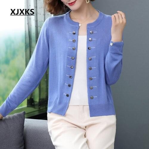 XJXKS 2020 autumn new round neck cardigan women jacket comfortable wool knitted cardigan women sweater