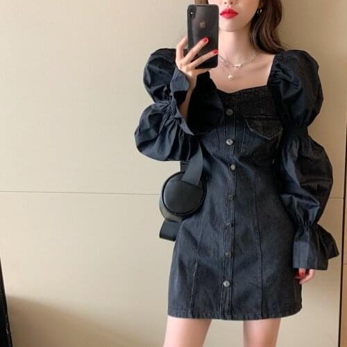 Plus Size Clothing for Women Bubble Sleeves Stitching Denim Dress Square Collar Buttons Dresses Ropa Mujer Talla Grande