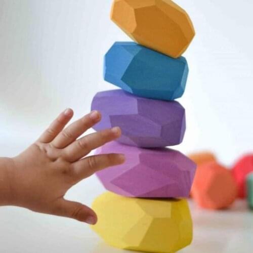 18 Pcs Children Wooden Colored Stone Stacking Game Building Block Kids Creative Educational Toys Gifts