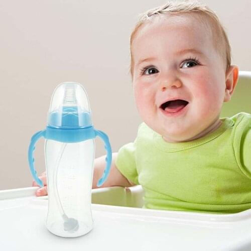 240ml Cute Baby bottle Infant Newborn Cup Learn Feeding Drinking Handle water Bottle kids Straw Juice 4 Colors