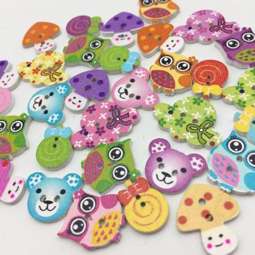 50pcs 16-20mm Cartoon Shaped Mixed Wooden Buttons Scrapbooking DIY 2-Holes Lollipop Toadstool Bear Sewing Accessories Crafts