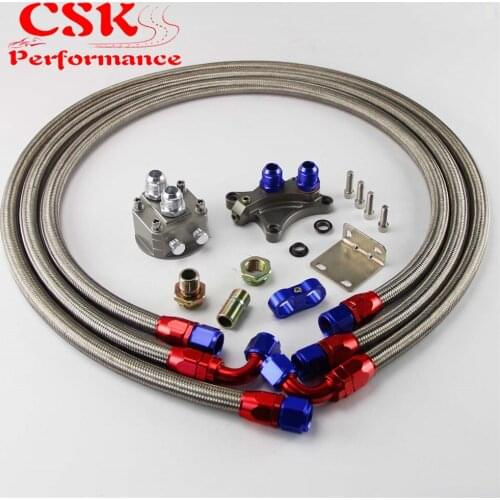 AN10 Filter Sandwich Adapter+Nylon Braided or SS Braided Oil Line Fits For Nissan SR20DET S13 S14 S15 SR20DE Black/Silver