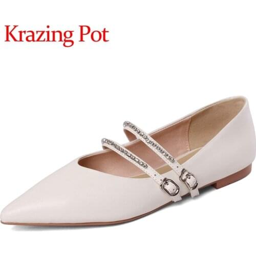 Krazing pot 2021 spring genuine leather pointed toe ballet shallow meal fastener diamond maiden buckle straps women flats L08