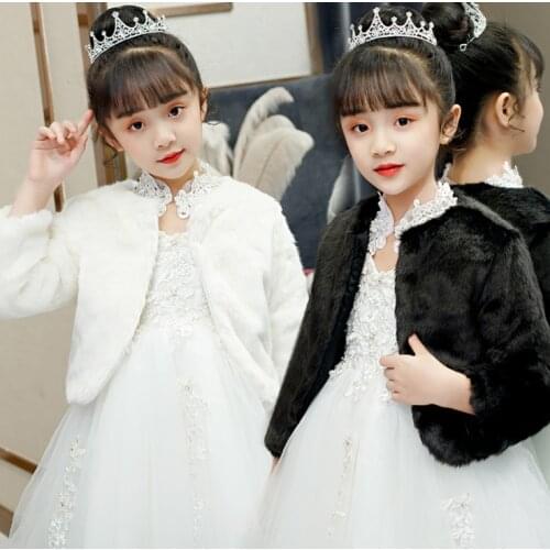 Black White Faux Fur Cape For Kids Girl Winter Warm Clothes Wedding Party Dress Lace Shawl Gill Jacket Wrap Shrug Bolero Coat