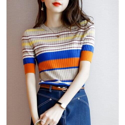 BOBOKATEER Short Sleeve T-shirt Female Striped T Shirt Women Clothing Poleras Mujer Elegant Woman Tshirts O-Neck Tee Shirt Femme