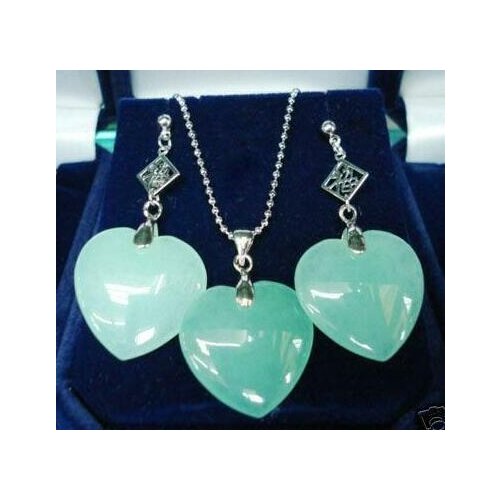 Beautiful silver plated heart shape green jade earring and pendant jewelry set