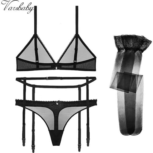 Varsbaby sexy bra+thongs+belt+stockings 4pcs transparent underwear wire free seamless bra set