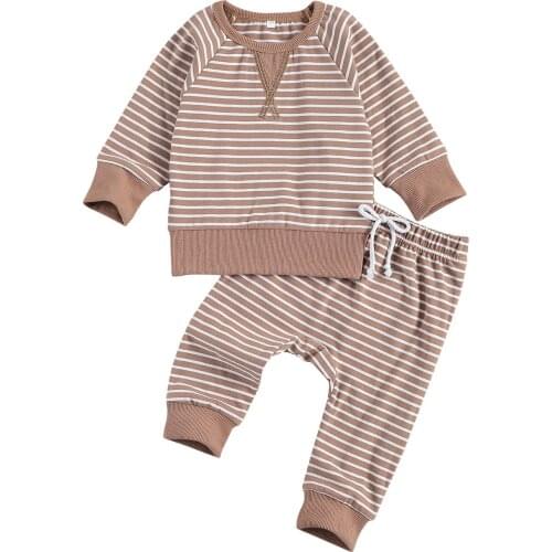 0-24M Autumn Newborn Baby Boys Clothes Sets Striped Print Long Sleeve Patchwork Pullover Tops Pants 2pcs