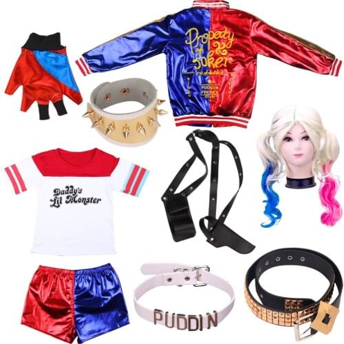 Harley costumes quinn girl adult suit cosplay Suicide Team Monster T-Shirt Childrens Jacket Gloves Belt Accessories Anime Sets
