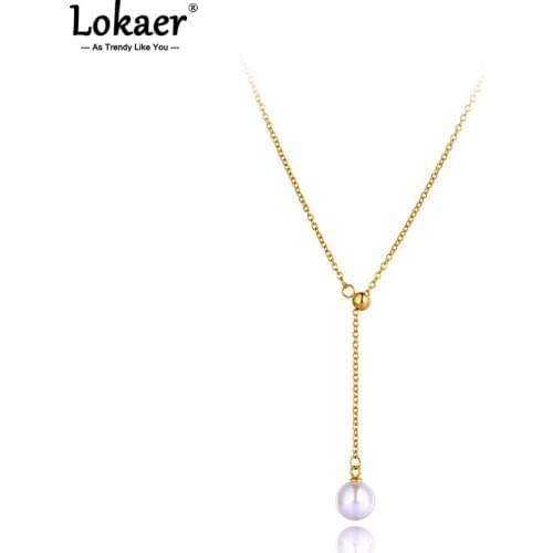 Lokaer Office Style 316L Stainless Steel White Pearl Charm Pendant Necklaces Jewelry Rose Gold Wedding Necklace For Women N21121