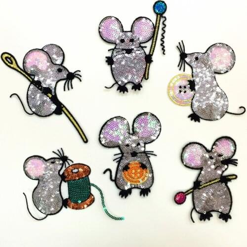 Set of 6 Cute mouse sequins patches vintage embroidered applique T-shirt coat patch sewing garment accessories Diy decoration