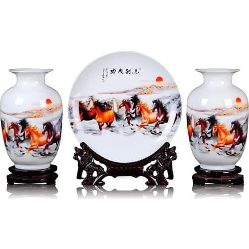 Jingdezhen Ceramics Vase Set Eight fine horses Vases Chinese style Home Furnishing Vase Plate Decoration
