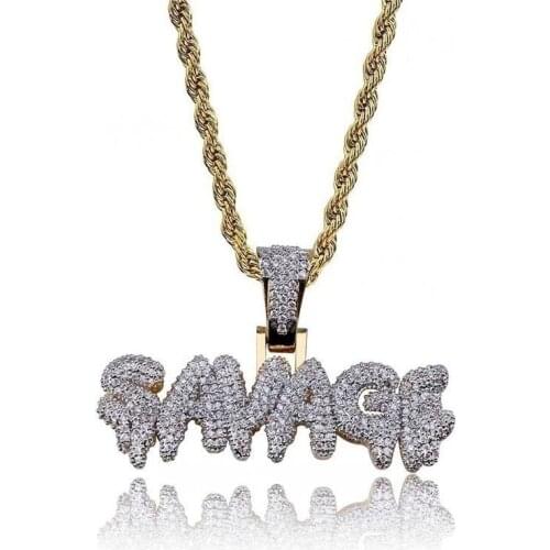 Savage Brass Gold Color Iced Out Micro Pave Cubic Zircon 24Inch Charm Letter Pendant Necklace for Men