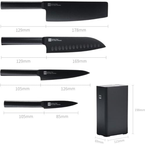 5Pcs Original Huohou Cool Black Kitchen Non-Stick Knife Stainless Steel Knife Set with Wood Knife Holder Chef Knife