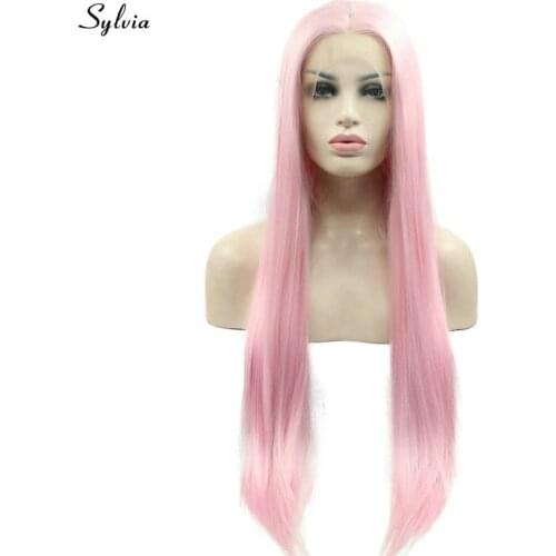 Sylvia Natural Hairline Baby Pink Wig Summer Cool Color High Temperature Silky Straight Synthetic Lace Front Wigs for Lady Party